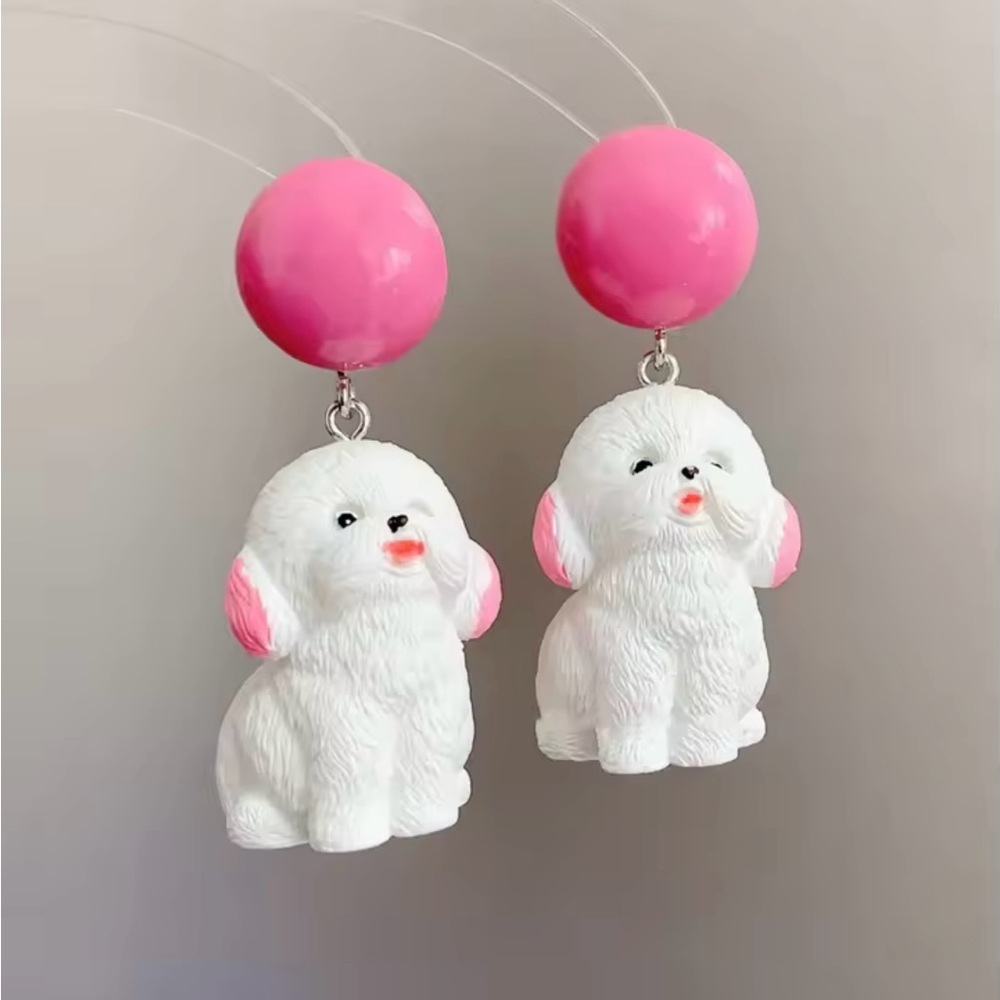 Playful Cute Puppy Dog Pink Earrings